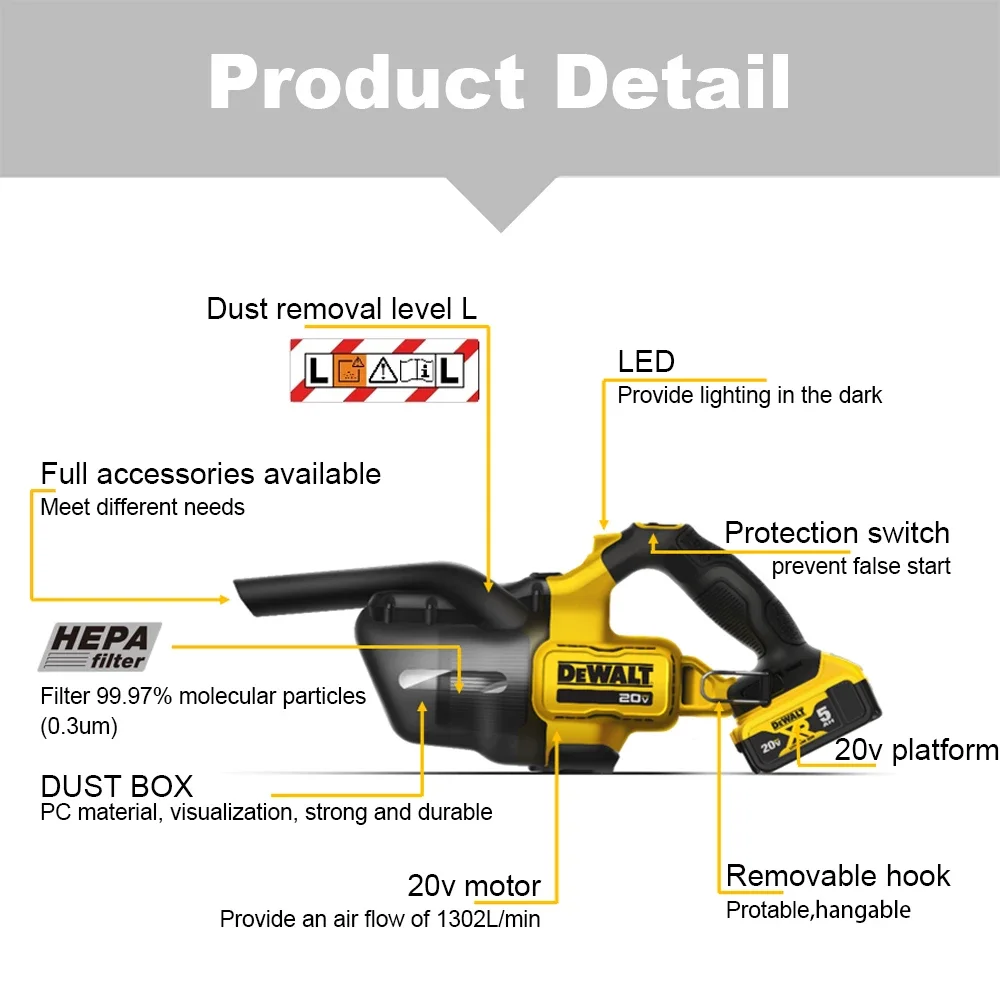 Dewalt Cordless Vacuum Cleaner Rechargeable DCV501 9.4KPa 1302L/min 20v Hand for Car Home Gardon Cleaning Univeral 18v Battery