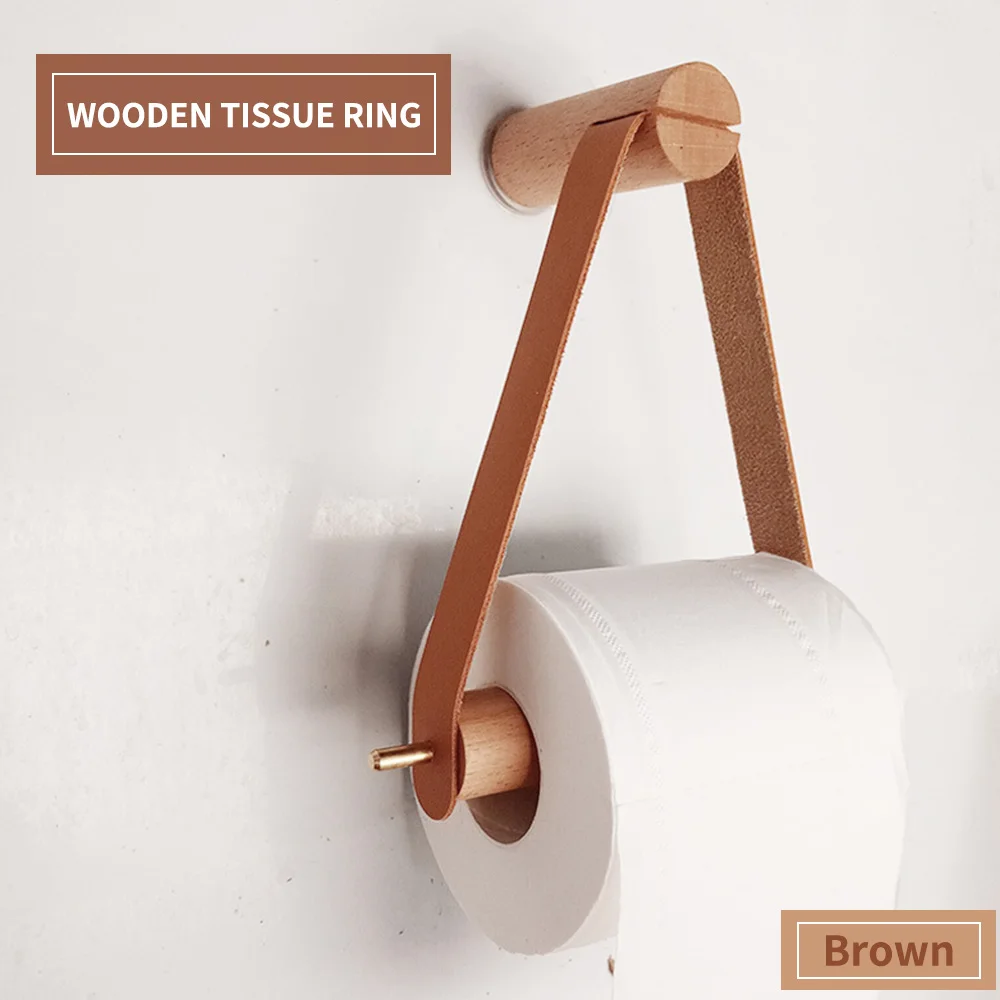 Wooden Tissue Roll Holder Brass Towel Rack Bar Vintage Toilet Leather Paper Ring for Bathroom Household Storage Rack Home Decor