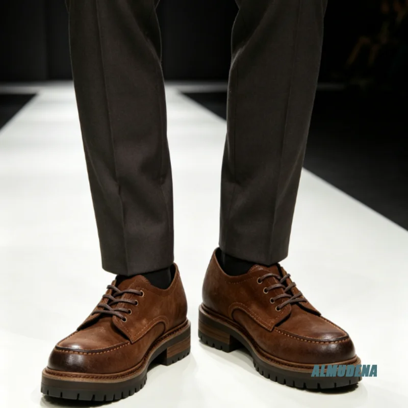 Brown Platform Oxford Shoes Men's Round Toe Lace-Up Vintage Daily Office Casual Outdoor Autumn Winter Street Style Fashion Shoes