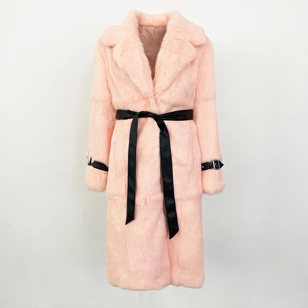Over Knee Whole Leather Imported Women Fashion Leopard Print Coat Thickened Warm Fur Integrated Autumn Winter Rabbit Fur Coat