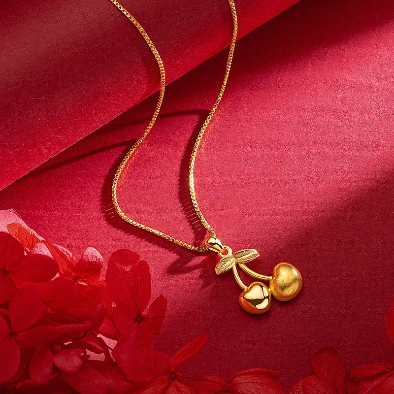 

9999 Real Gold 24K Small Cherry Necklace ins Wind Cherry Clavicle Necklace