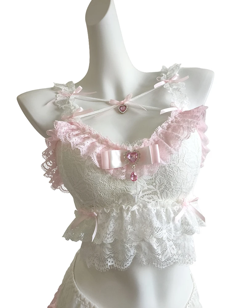 

Cute Lace Cropped Women Summer Lolita Style Camis Bows Love Pendant Decoration Lace Trim Tops for Sweet Girls Kawaii Clothes