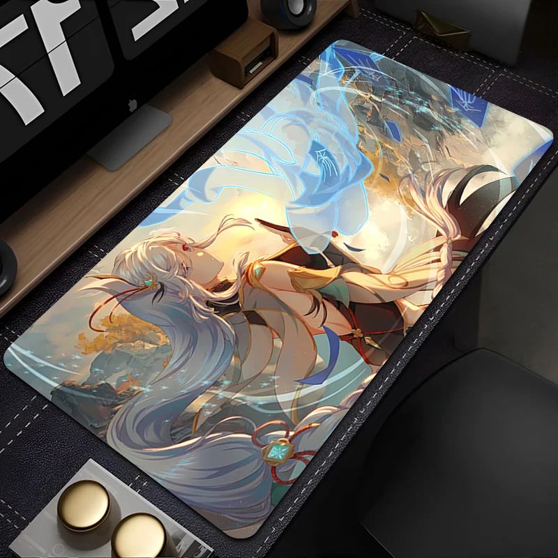 

Shenhe Genshin Impact Extended Anime Mouse Pad 900x400 Laptop Play Mat Gaming Accessories Kawaii Sexy Girl Mousepad Desktop Mat