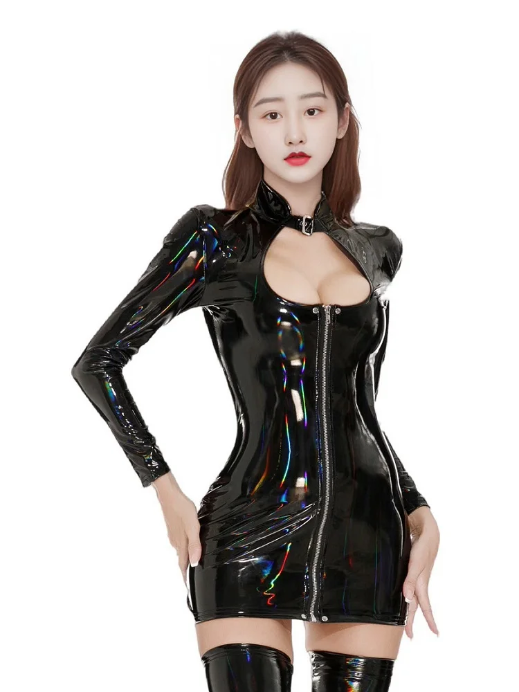 Sexy Chest Hollow Out Dresses for Women Long Sleeved Shiny PVC Latex Faux Leather Micro Mini Dress Nightclub Party Clothing