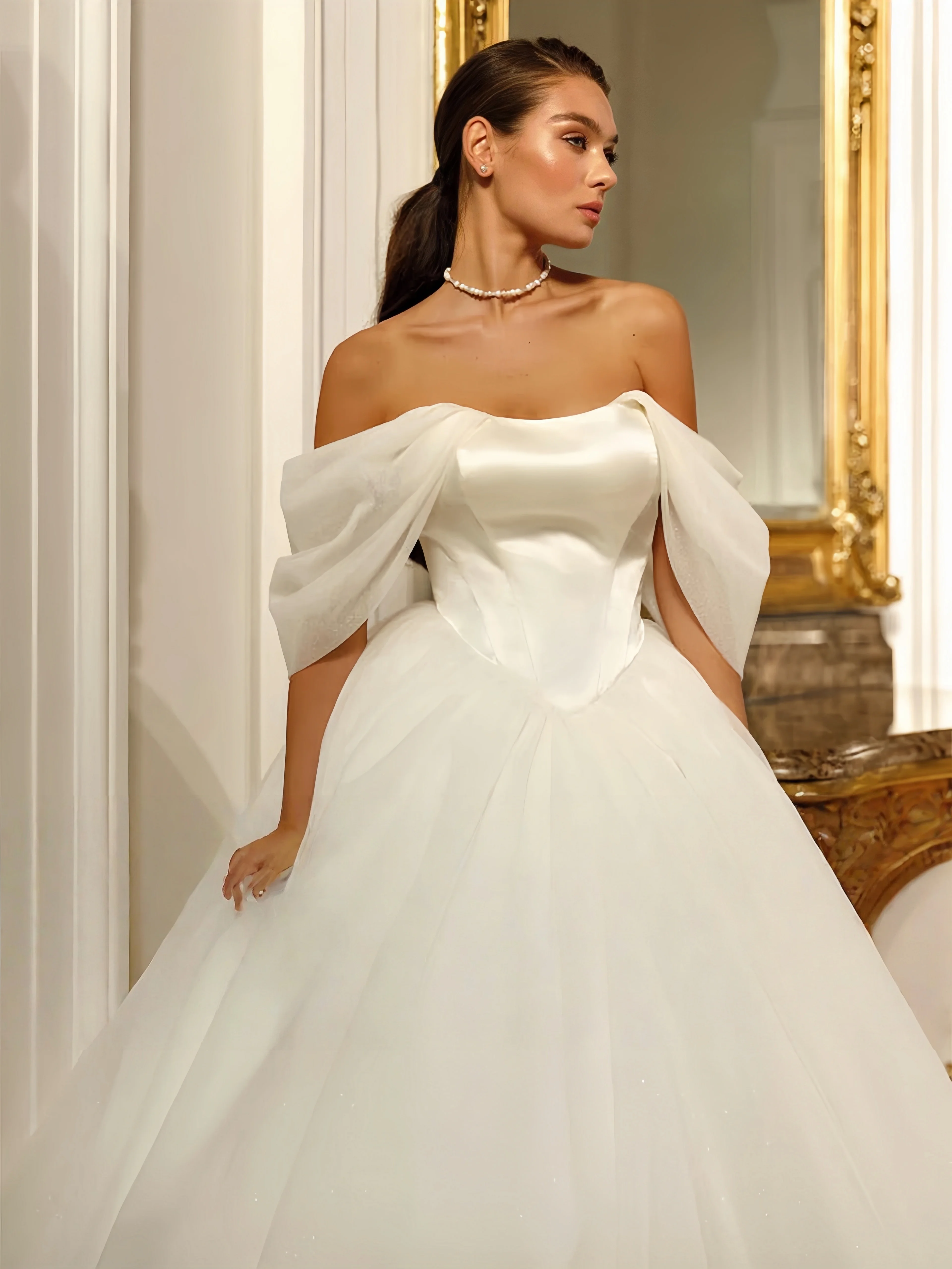 

Customized Ball Gown Wedding Dress The Shoulder Tulle Sweep Train Backless Corset Bridal Gown De Vestido de novia