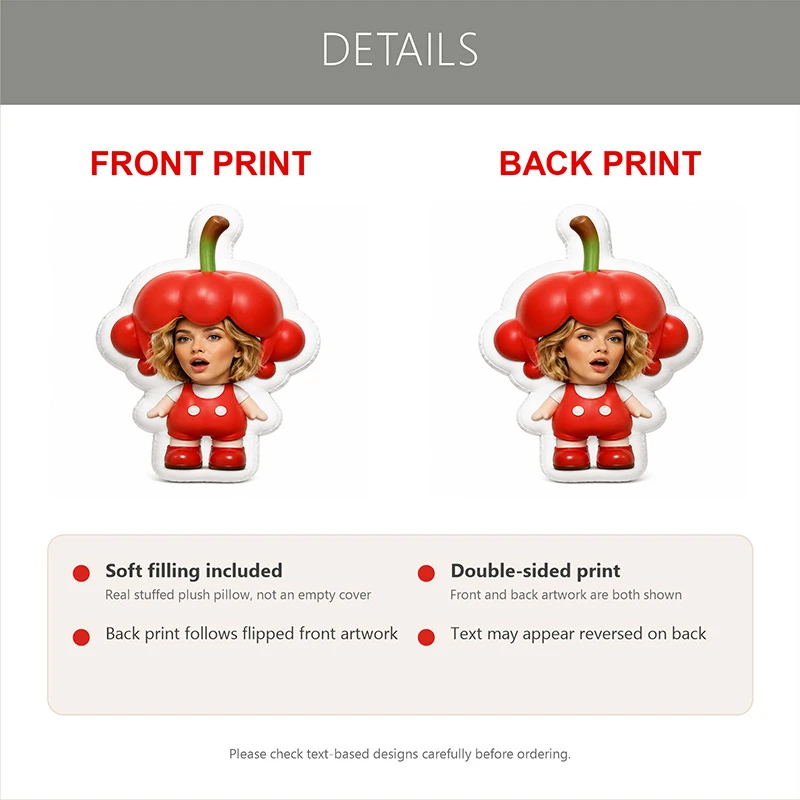 Custom Personalized Photo Face Pillow, Funny Red Pepper Hat Character Custom Shaped Decorative Cushion, Unique Home Decor Accent