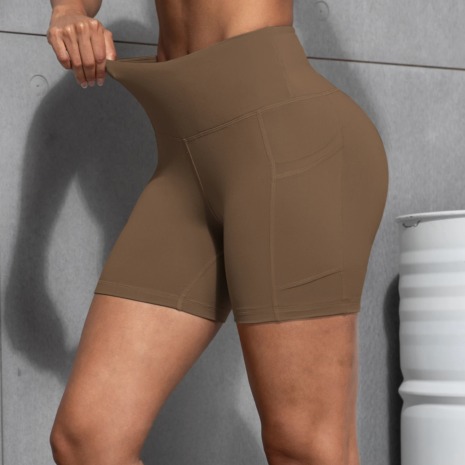 

Fashion Pockets Soild Color Seam Shorts High Waist Lift Hip Leggings Casual Yoga Running Workout Shorts