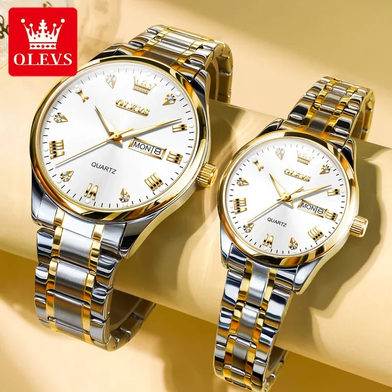 Olevs 5563 relojes de lujo de cuarzo para parejas, reloj resistente al agua de acero inoxidable para hombres y mujeres, reloj de mano de moda con