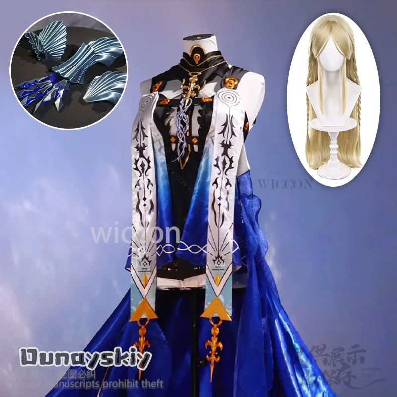 Wuthering Waves juego Cosplay Fleurdelys Big Cartethyia alta calidad seda azul elegante cola vestido largo pelucas Anime personalizado