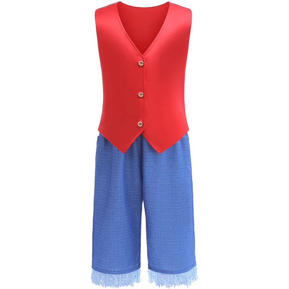 Luffy Cosplay Costume Vest Pants for Kids Children Movie Fantasy Cloth Outfits Halloween Carnival Party Role Play Suit