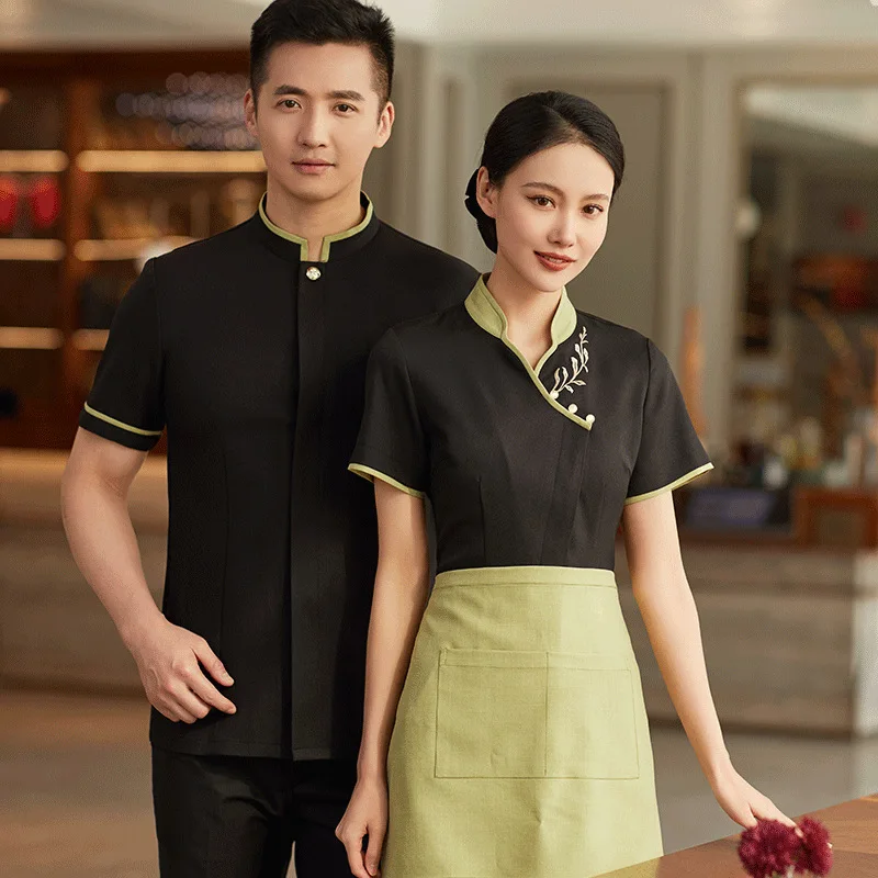 Uniforme de trabajo de camarero para casa de té, ropa de trabajo de manga corta para mujer, Catering, Hotel, restaurante chino, olla caliente, restaurante, ropa de trabajo de verano