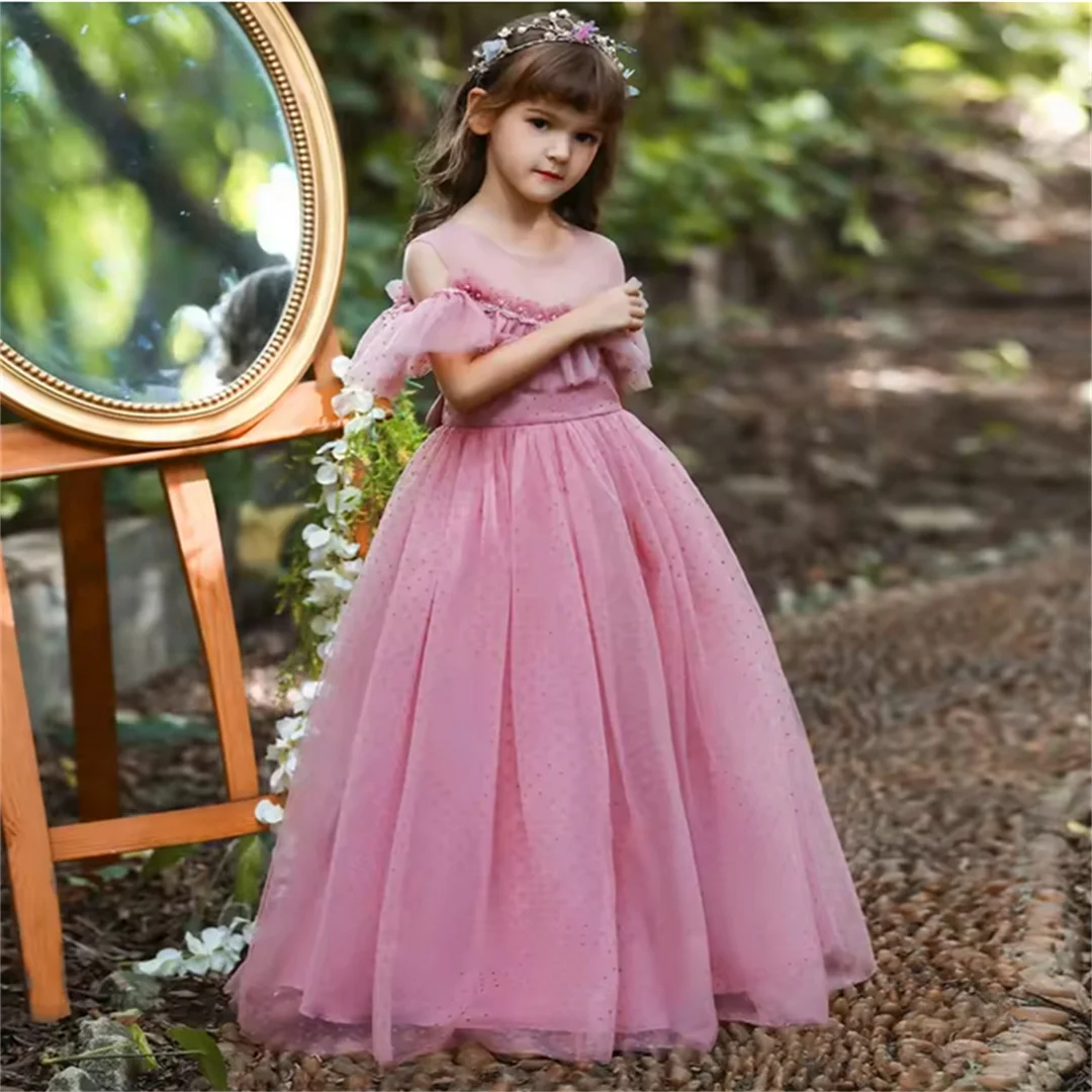 2025  Pink Angel Tulle Lace Transparent Flower Girl Dress Princess First Communion Dresses Kids Surprise Birthday