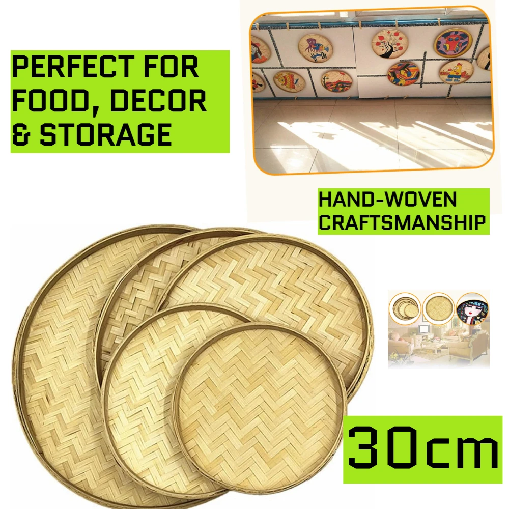 1pcs Bamboo Serving Tray 30cm Round Woven Basket for Drying Herbs Fruit Farmhouse Kitchen Table Display Home Decor Hot Sale
