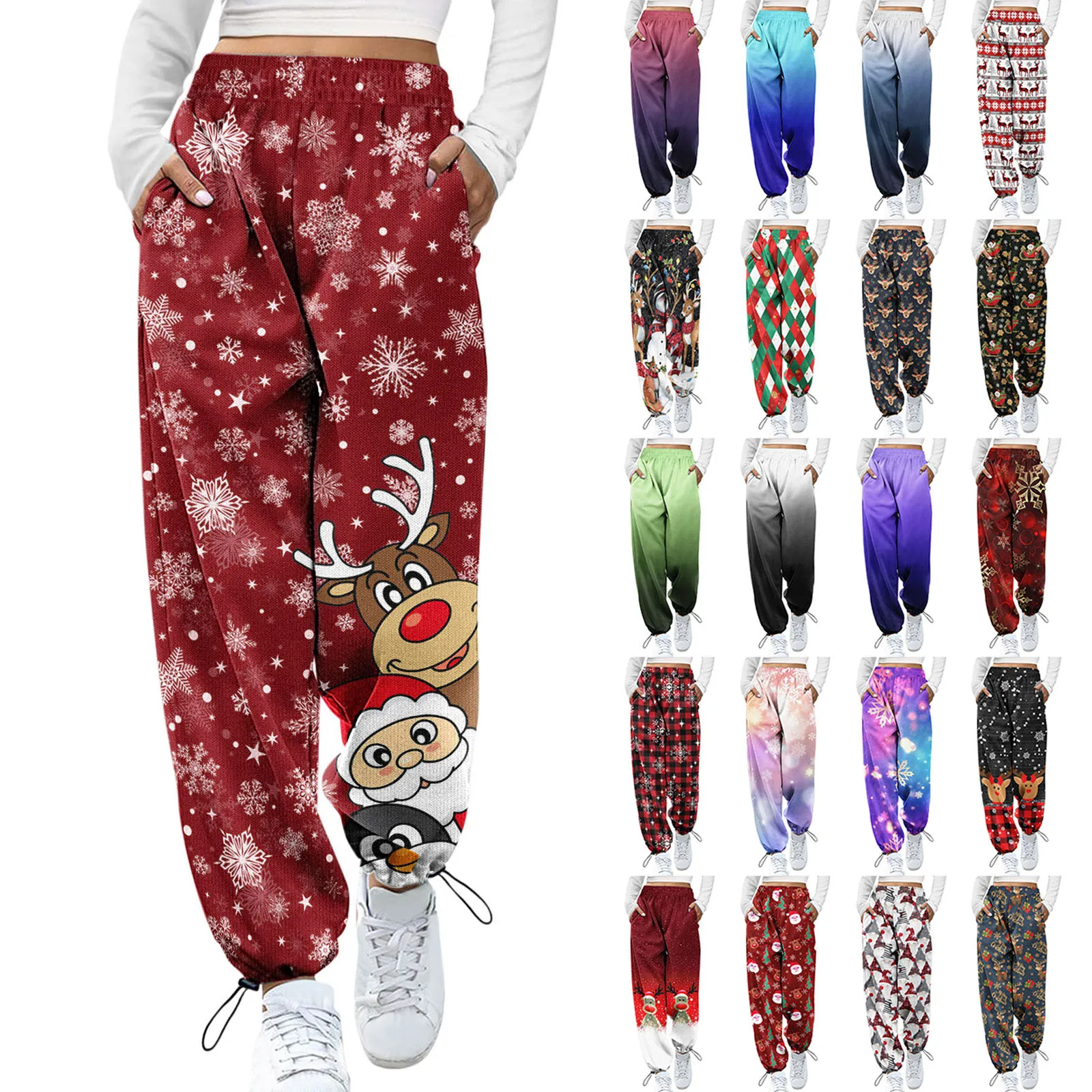 Bequeme Weihnachts hose für Frauen Vantage Santa Claus Print Jogger Bottom Taschen hohe Taille sportliche Jogging hose Weihnachts hose