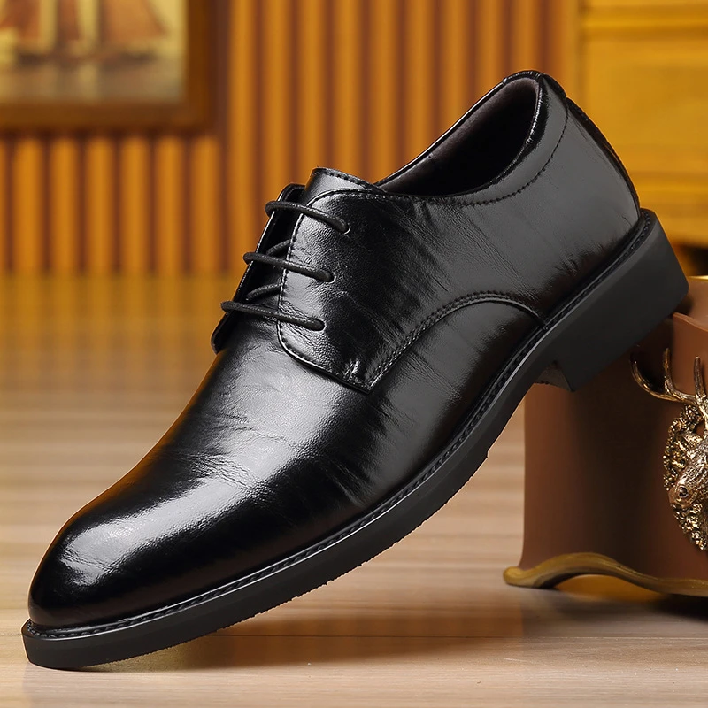 Men Invisible Height Increasing Lace‑Up Hand‑Grain Leather Shoes Retro Gentleman Business Formal Dress Shoes Versatile Casual Of