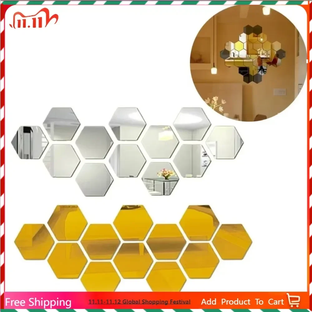 

12PCS Hex Small Mirror Stickers Acrylic Wall Hexagonal Self-Adhesive Mosaic Tiles for DIY Bathroom 3D Bedroom Home Decor