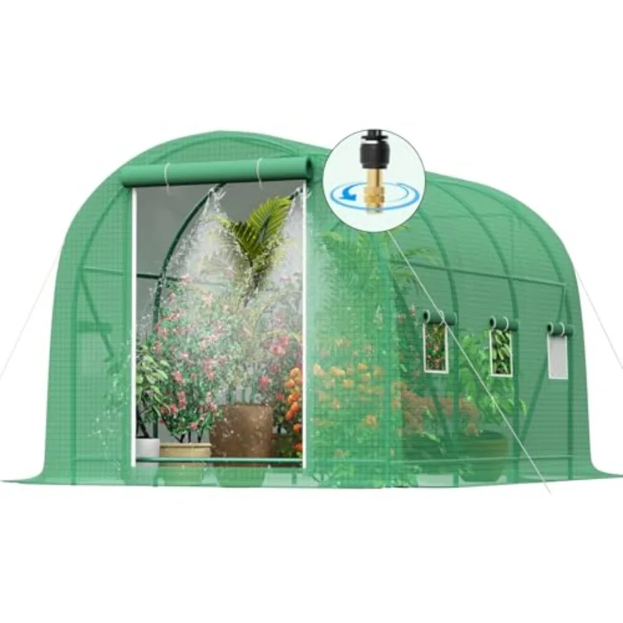 Outdoor 7-foot greenhouse with heavy-duty reinforced frame, green color, integrated watering system, dual zippered door, and 6