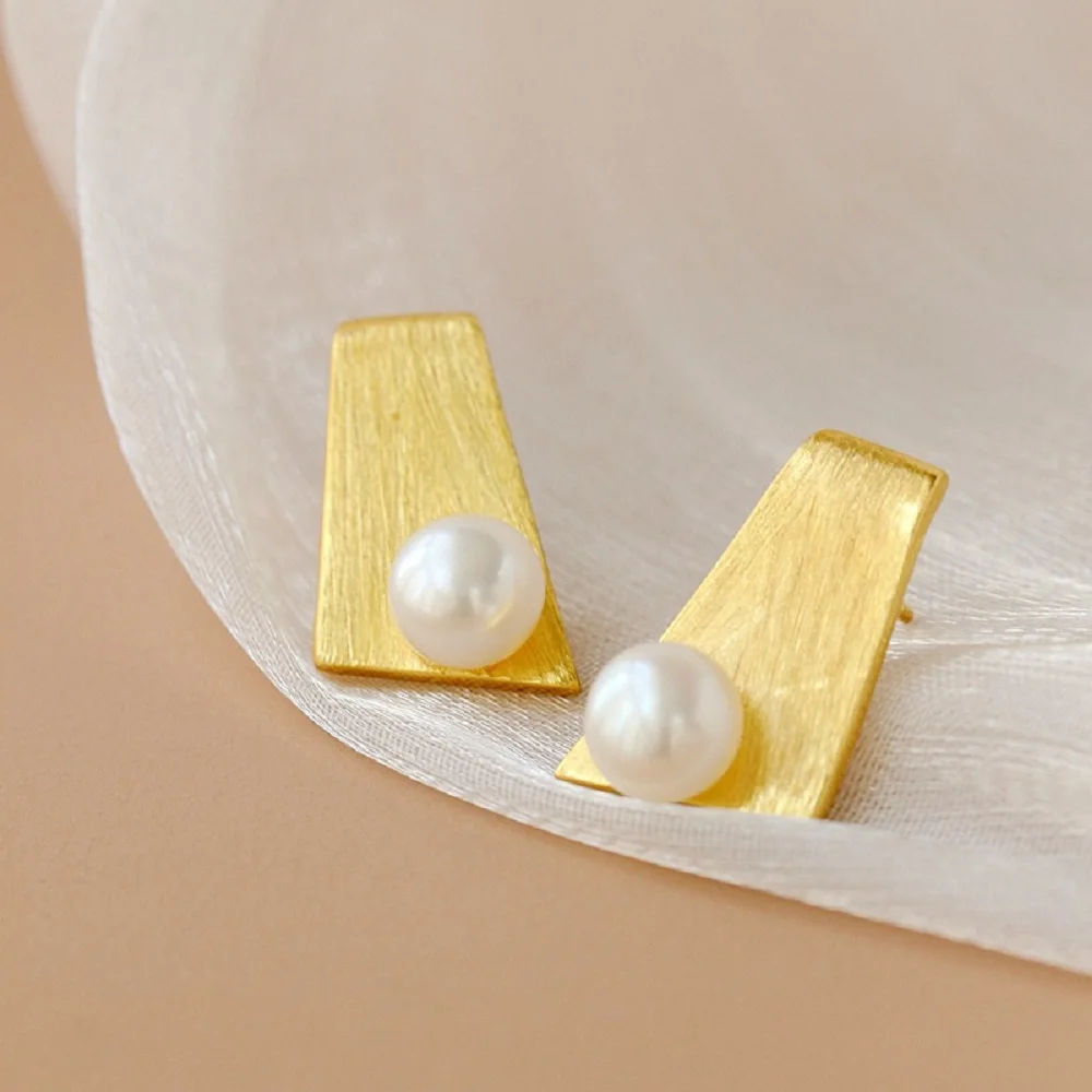 

Unique Design Geometric Square Natural Pearl Earrings 925s Silver Gold Plated
