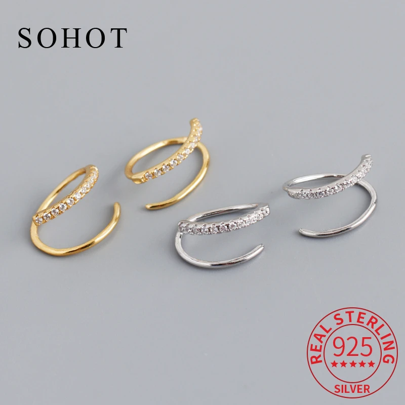 Real 925 Sterling Silver Line Zircon Round Hoop Earrings for Women Party Trendy Fine Jewelry Minimalist Korea Accessories