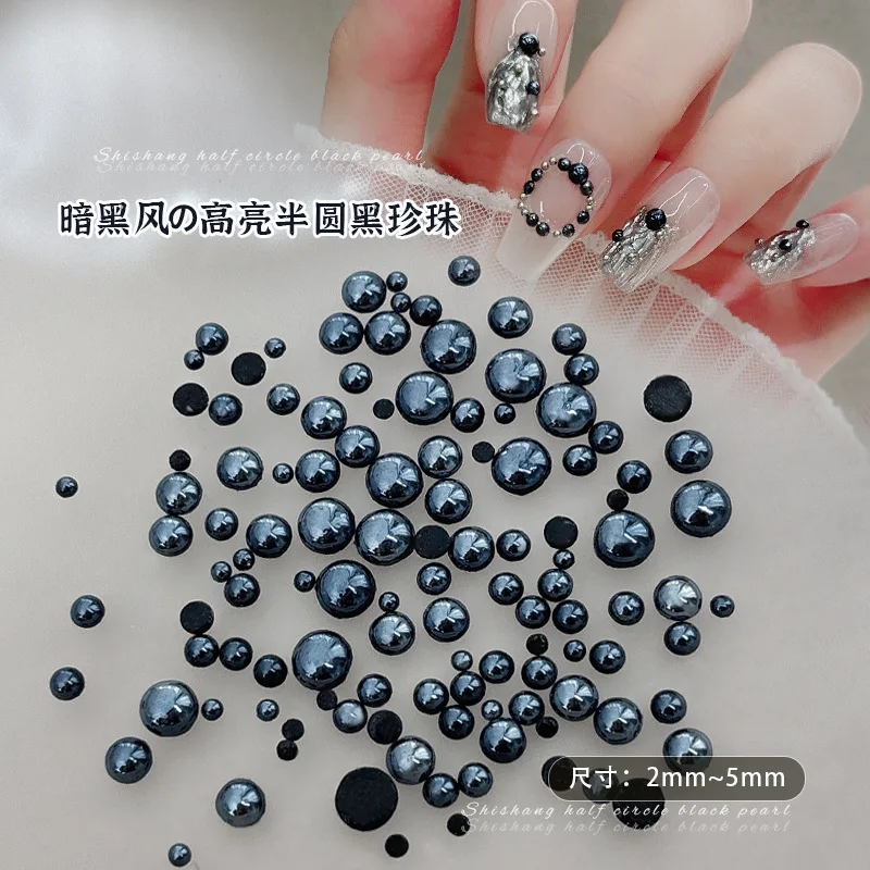 400/700/1000PCS Top Sparkle Glossy Black Semi Pearl Flatback 2-5mm Resin Nail Art Rhinestones Decorations Manicure Dark Charms 