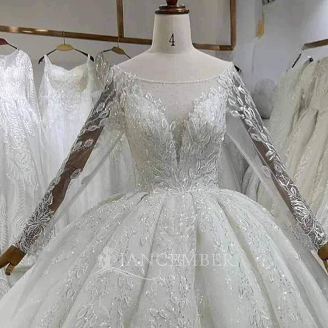 Maßgeschneidertes Vintage-Hochzeitskleid für Frauen mit Pailletten, Brautkleid, O-Ausschnitt, langen Ärmeln, Sweep-Zug, rückenfrei, Serpeggio