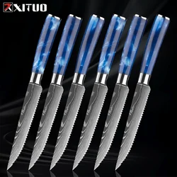 Steak Knife Set Blue Resin Handle Laser Damascus Pattern Sharp Serrated Cut Meat Fruit Knife Kitchen Restaurant Steak Knives