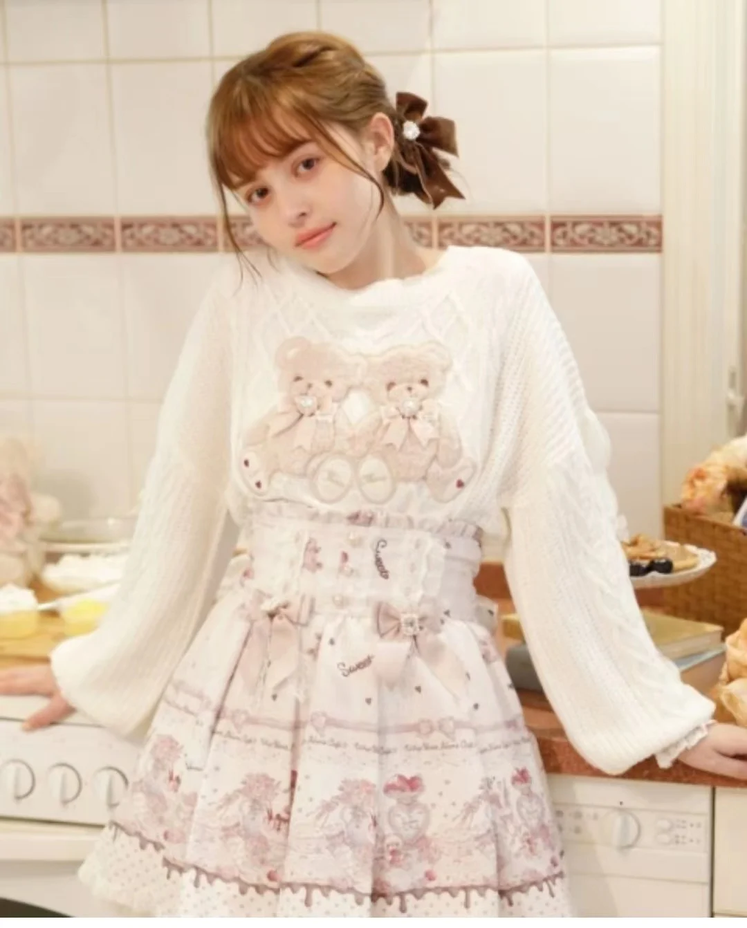 Suéteres dulce Lolita dibujos animados oso de peluche conejito jerseys de punto mujeres Harajuku arco cinta de perlas chicas japonesas prendas de punto Tops