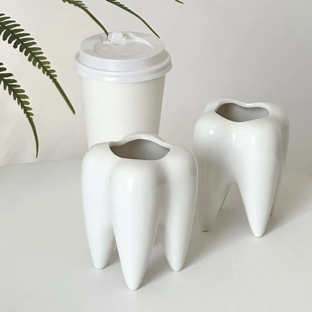 Tooth Shaped Tabletop Ceramic Flowerpot Home Furnishings Toothbrush Holder Cute Cactus Pot Pen Holder Desk Pens Stand Organizer