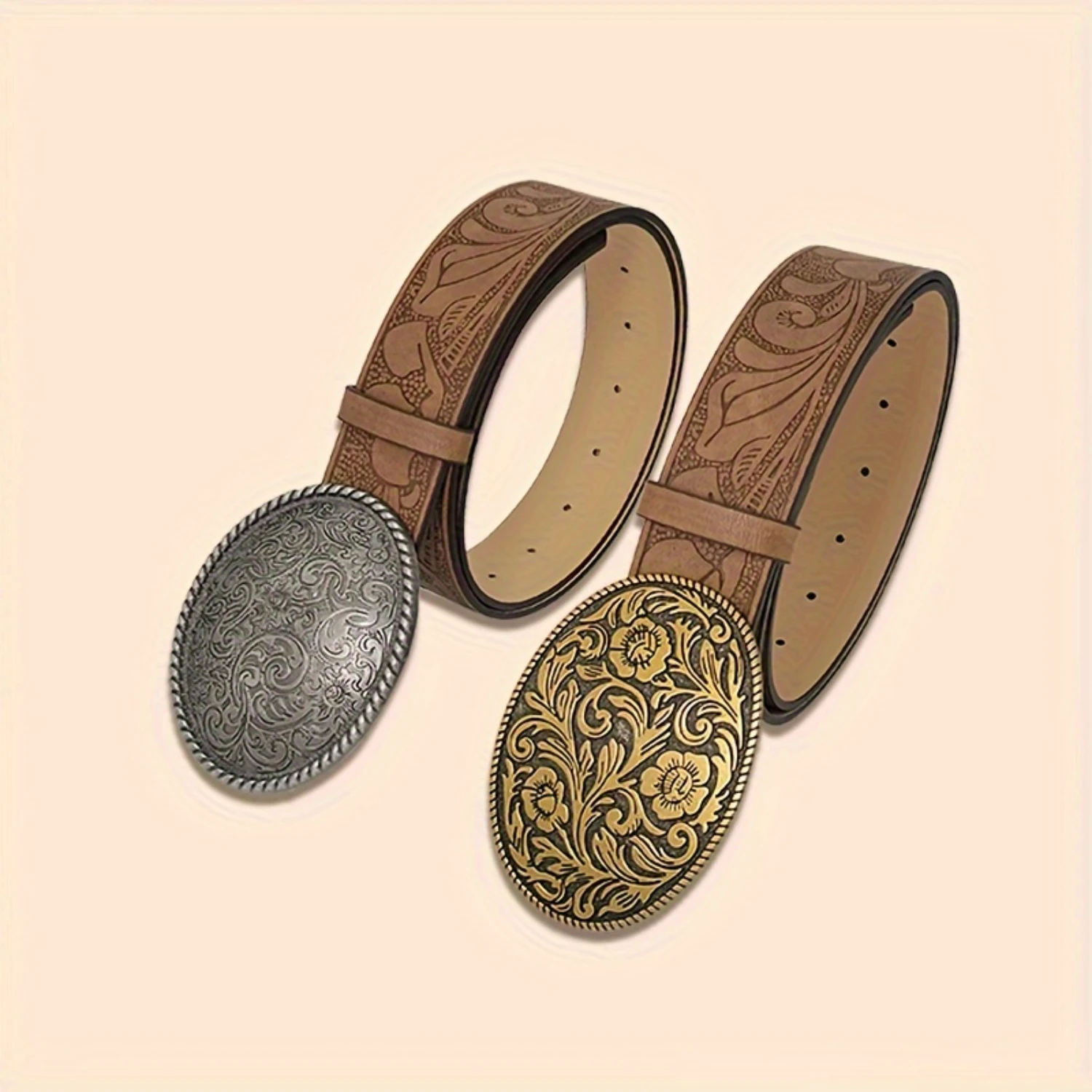 Vintage Western Style Embossed PU Leather Belt with Flower Carved Buckle - Versatile and Chic Accessory for Daily Commute and We