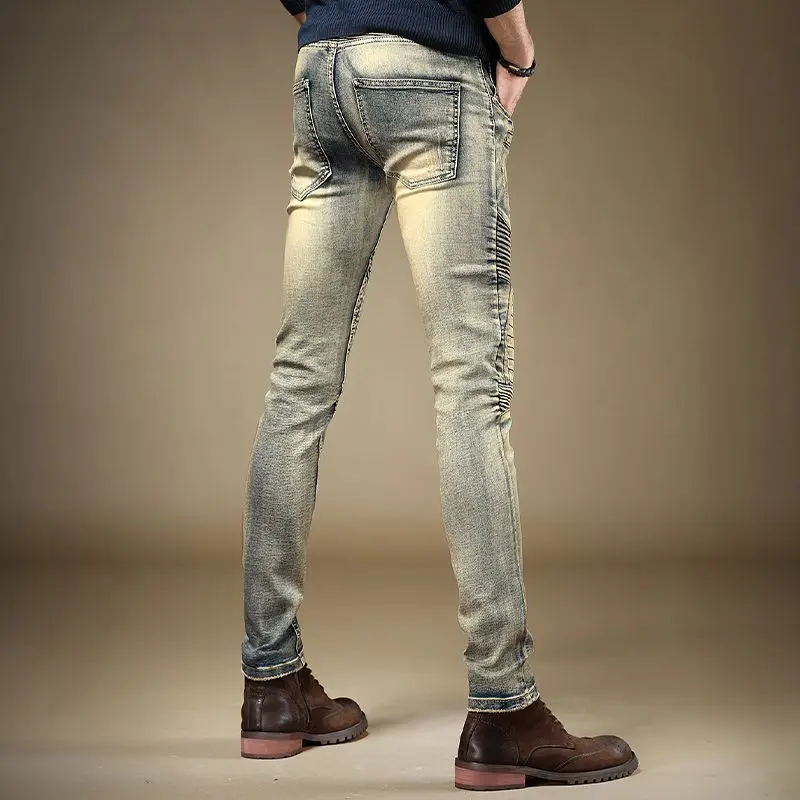 عربات التي تجرها الدواب رجل كاوبوي السراويل ضيق الأنابيب سليم صالح دراجة نارية نحيل بنطلون Kpop الجمالية Y 2k خمر مصمم Y2k Xs الجينز للرجال #5