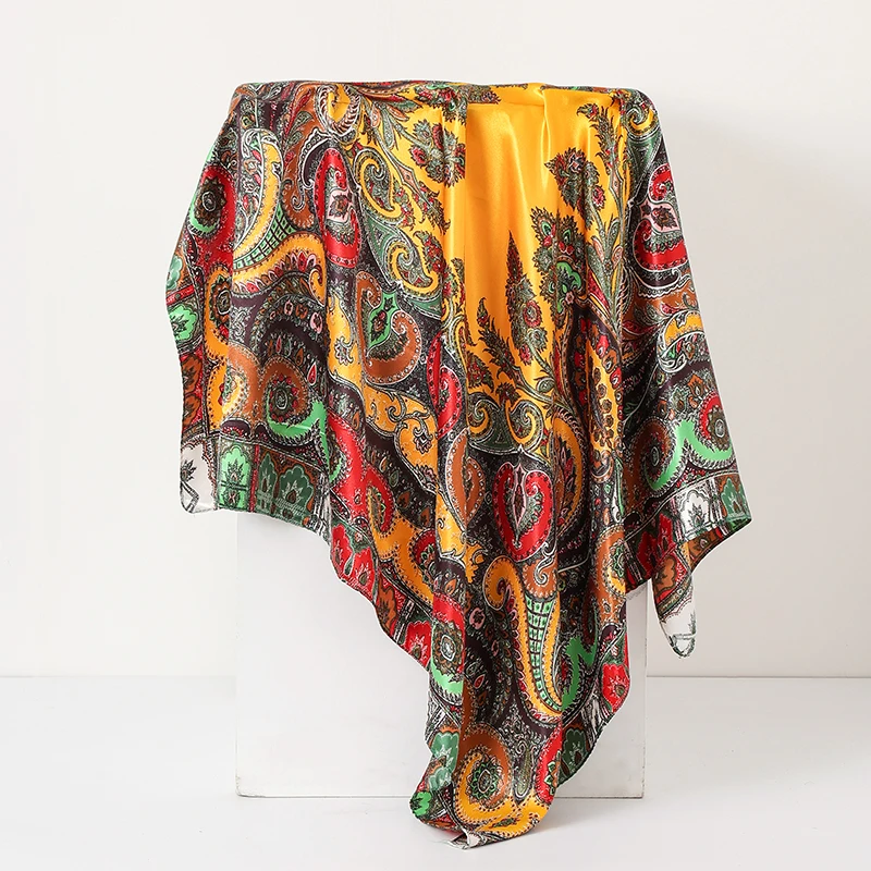 90 cm Platz Silk Schals Frauen Hijab Schals Paisley Cashew Blume Drucken Kopftuch Femme Kopf Schal Foulard Bandana Strand Pareo – Detail 6