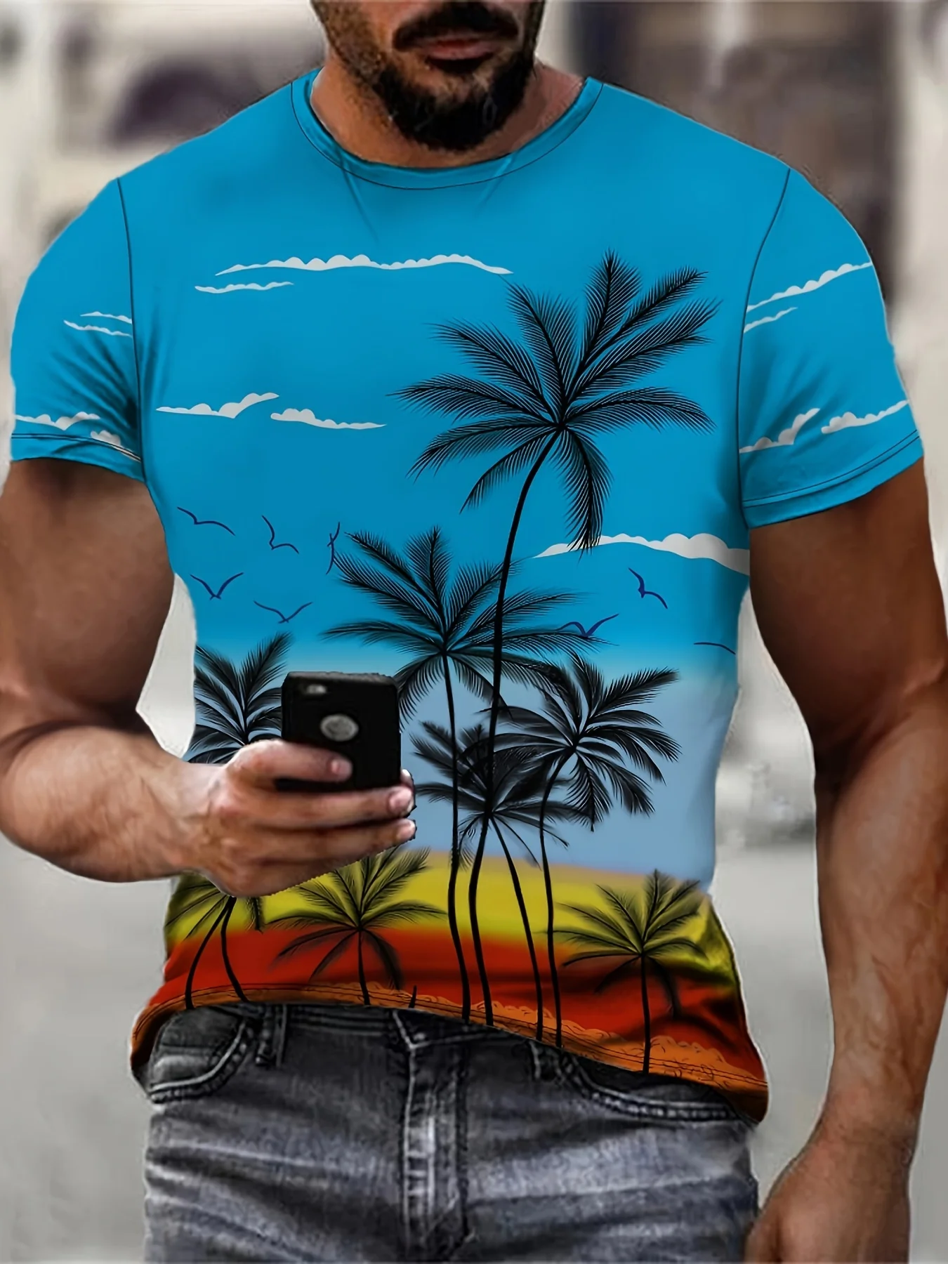 Men's Scenic Print T-shirt Casual Short Sleeve Crew Neck Tee Men's Clothing Outdoor Soft Slight Stretch Polyester Blend Fabric