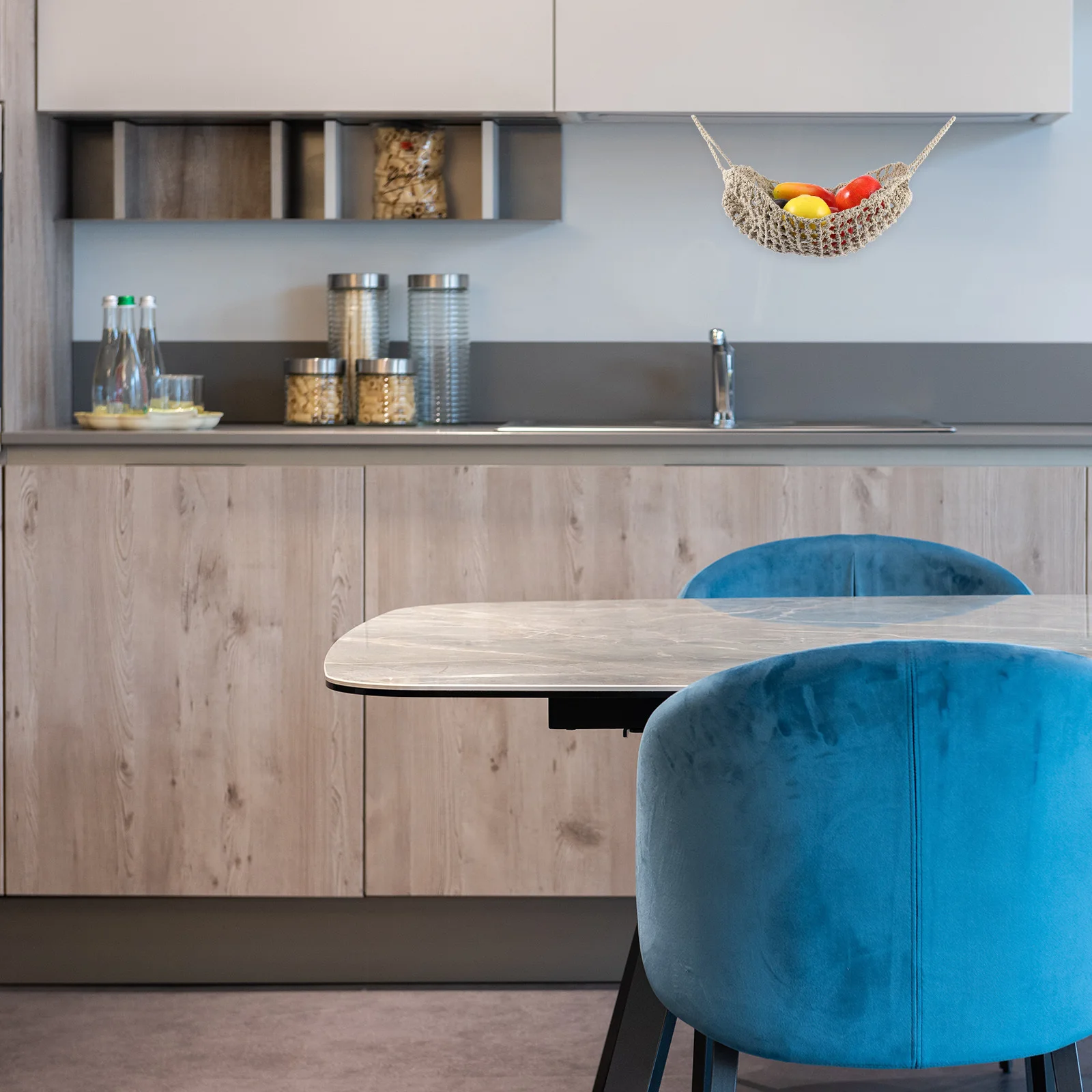 

Macrame Fruit Hammock Hanging Basket for Kitchen Under Cabinet Banana Holder Produce Storage Organizer Fruit Basket