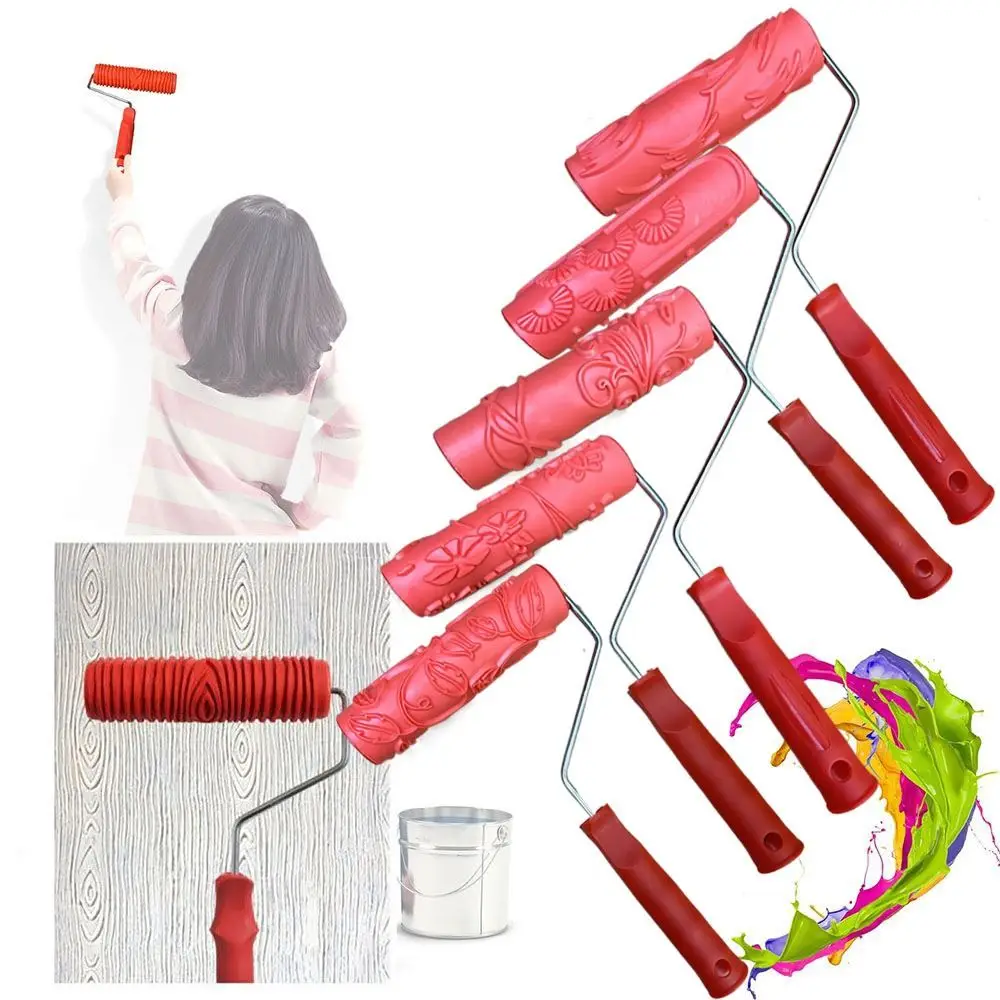 Rubber Imitation Wood Grain Pattern Paint Roller DIY Paint Texture Pigment Printing Wall Painting Roller with Handle Home Tool