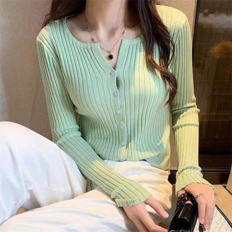 Women Trendy Solid O Neck Ribbed Button Knitted Cardigans Female Casual Long Sleeve Slim Basic Sweater Fall Winter Ropa De Mujer