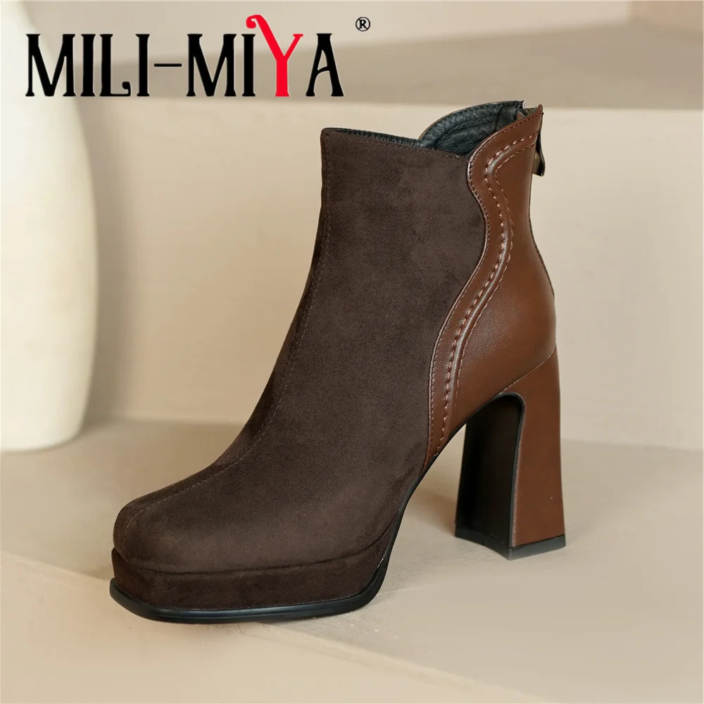 

MILI-MIYA New Arrival Kid Suede&Cow Leather Splicing Women Thick Heels Ankle Boots Square Toe Solid Color Zippers Handmade