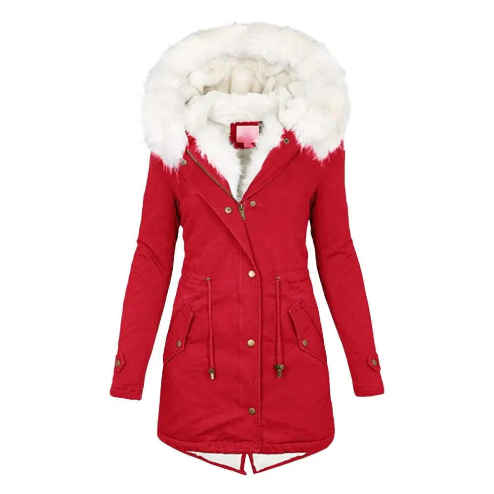 Women Coat Women\'s Mid Length Furry Hooded Coat with Plush Lining Drawstring Waist Pockets Cold-proof Outerwear for Wear