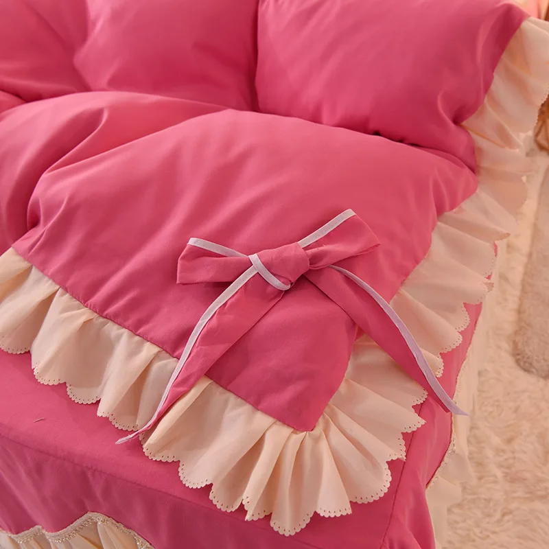 Korean Princess Style Bedding Set Soft Thickened Duvet Cover Bed Sheet Skirt and Pillowcases Cute Bow Girls Pink Comfort Cover