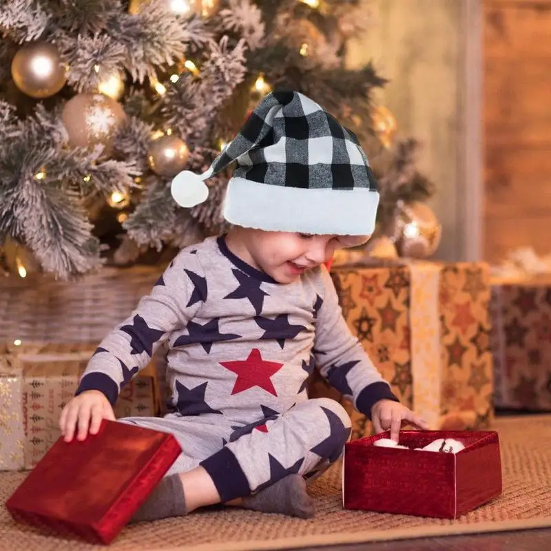 Chapeau de Père Noël à carreaux en peluche unisexe, chapeau décoratif, confortable, femmes, hommes, enfants, adultes