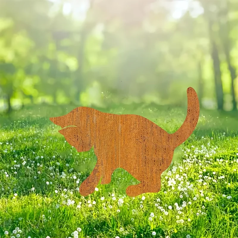 2D Flat 1Pc Rusty Metal Cat Garden Stake 7.87Inch Vintage Animal Sculpture Weather Resistant Sturdy Outdoor Yard Ornament Unique