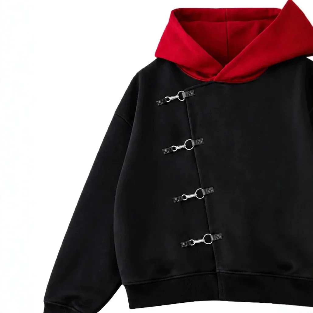 Y2K Unisex Contrast Red Hood Black Hoodie Diagonal Metal O‑Ring Buckle Strap Decor Oversized Drop Shoulder Cropped Couple Street - view 5
