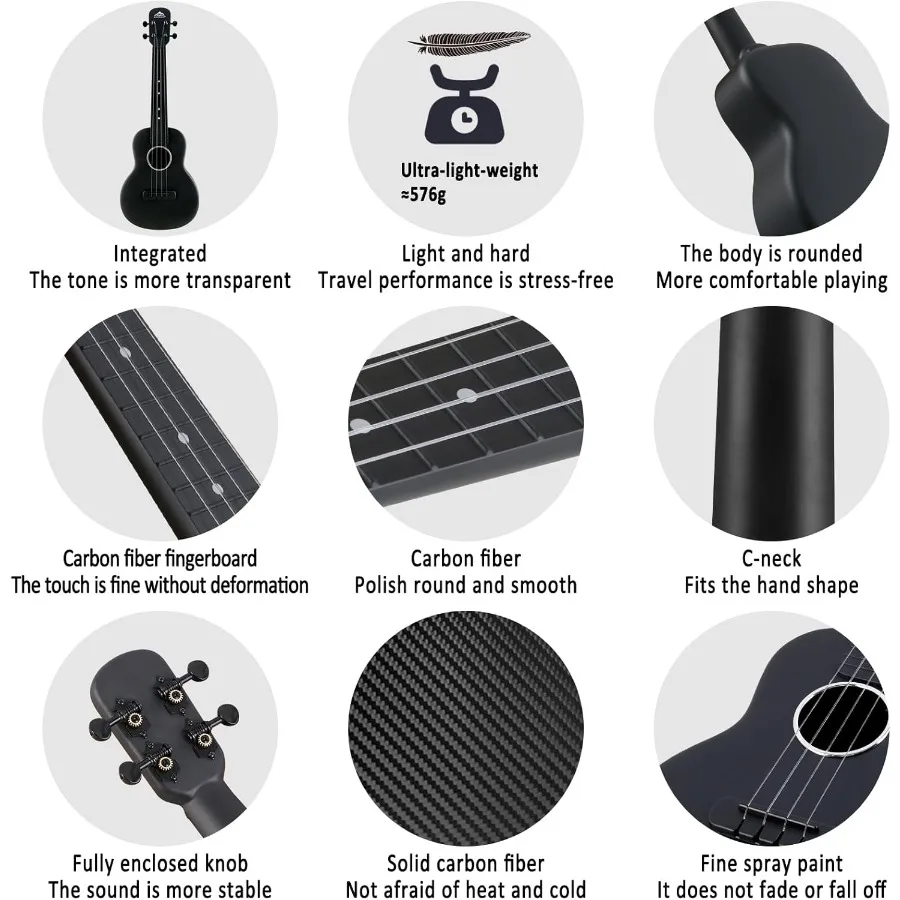مجموعة القيثارة للحفلات الموسيقية من ألياف الكربون مقاس 23 بوصة للطلاب البالغين المهنية للمبتدئين Uke مع حزام كابو أوتار سوداء