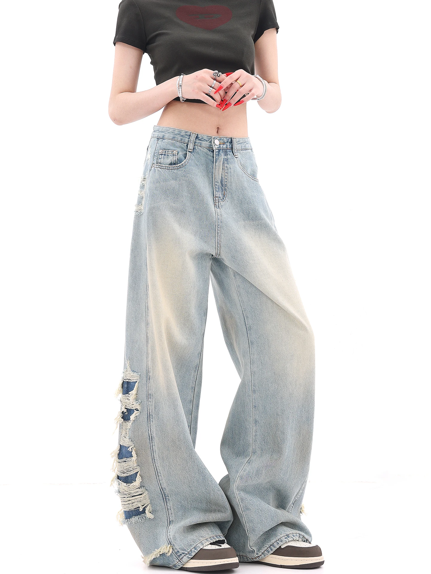 

Retro Waed Frayed Design Wide Leg Denim Jeans Women's Spring High Street Versatile Floor-Length Pants Casual Loose Fit