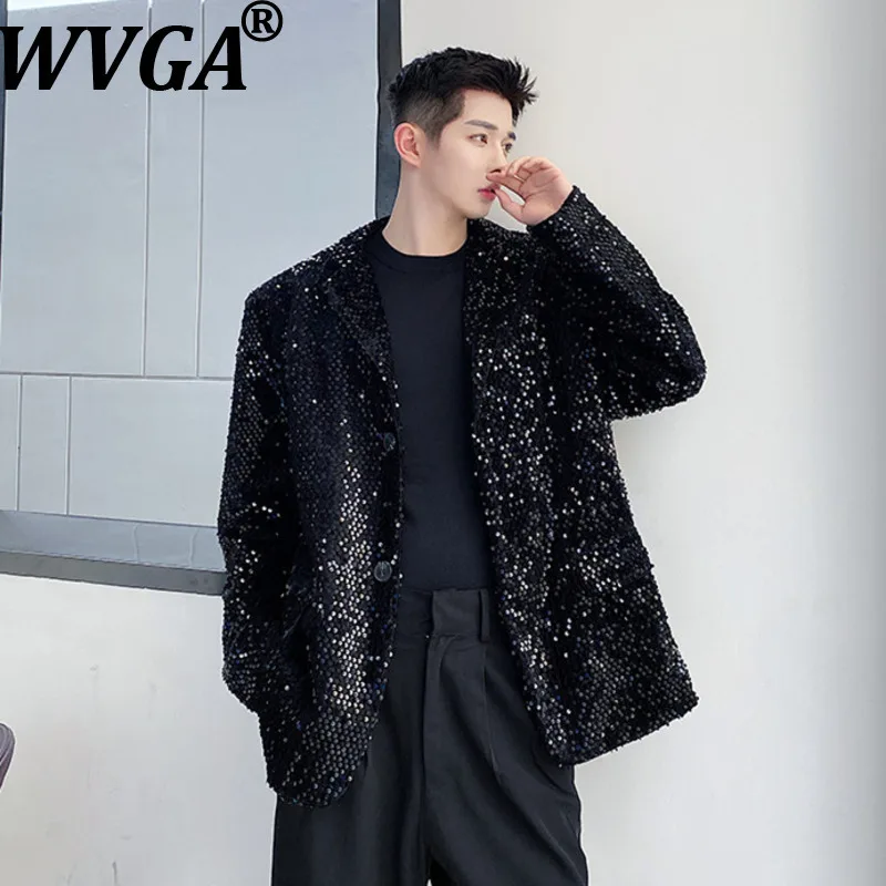 

WVGA Spring Autumn New Men Sequin Trendy Personality Turn-Down Collar Suit Coats Niche Chic Casual Long Sleeve Blazer Ins W15982