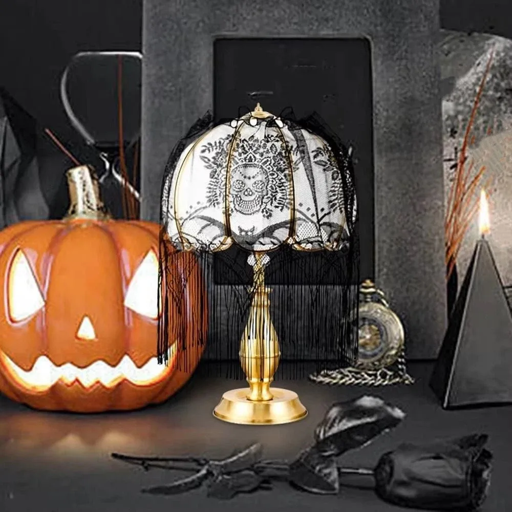 Gothic Style Lace Bat Skeleton Head Lampshade Decorative Scary Spider Web Lamp Shade Cover Black Halloween Coffee Curtain