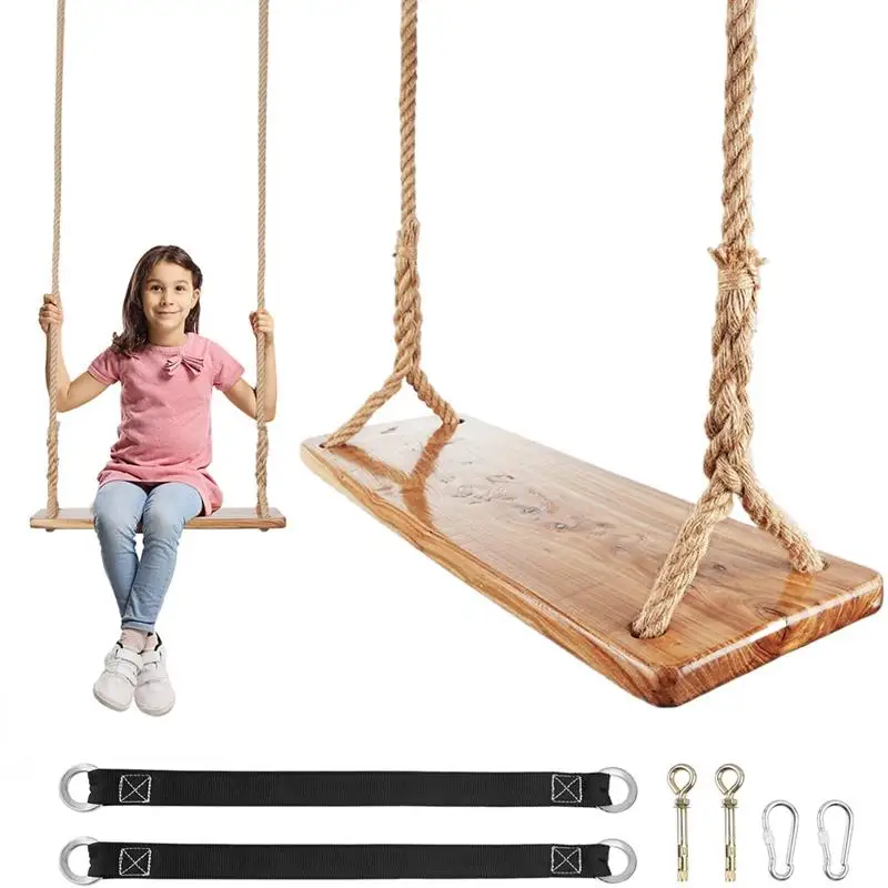 Wooden Tree Swing 250lb Heavy-Duty Wooden Swing With Adjustable Hemp Rope Waterproof Hanging Swing Seat For Garden Playground