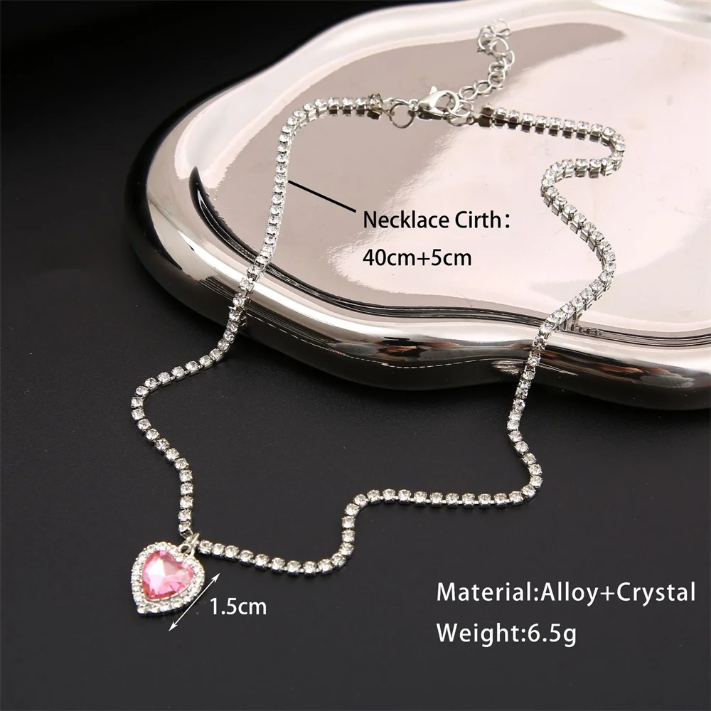 Modische Acryl-Zirkon-Kettenkette für Frauen, Rosa Kristall-Herzanhänger-Halskette, Schlüsselbeinkette für Damen, Schmuck – Detail 2