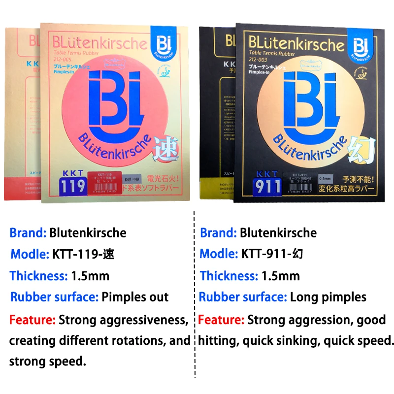 BLütenkirsche-Feuille de caoutchouc pour tennis de table, Pips-out, Long Pips, Ping-Pong, Swhing Aggrestration, Fast Speed, 119/911