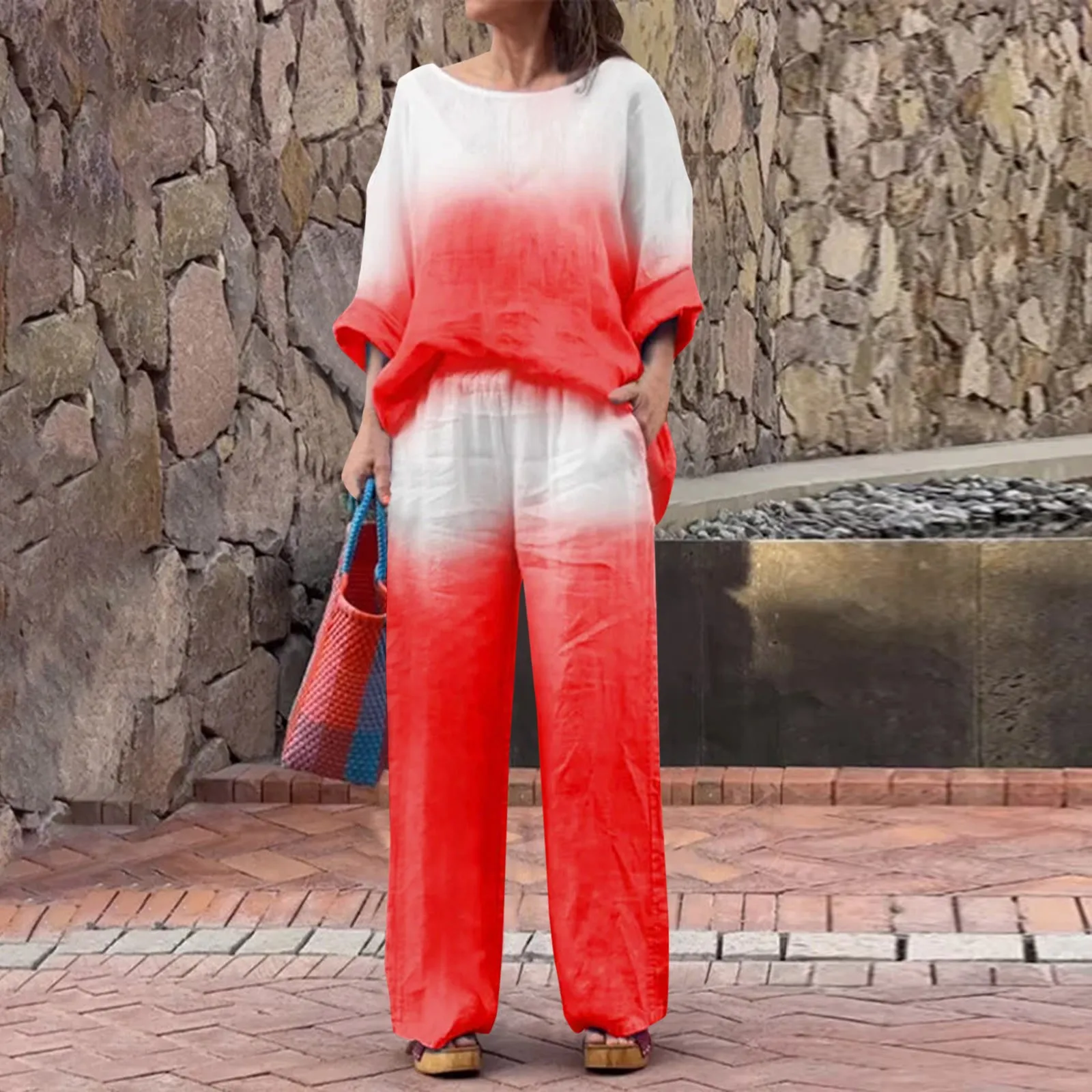 

Women's Gradient Colour Trousers Set 2024 New Women's Fashion Casual Loose Tops Plus Long Wide Leg Trousers Two-Piece Suit Set