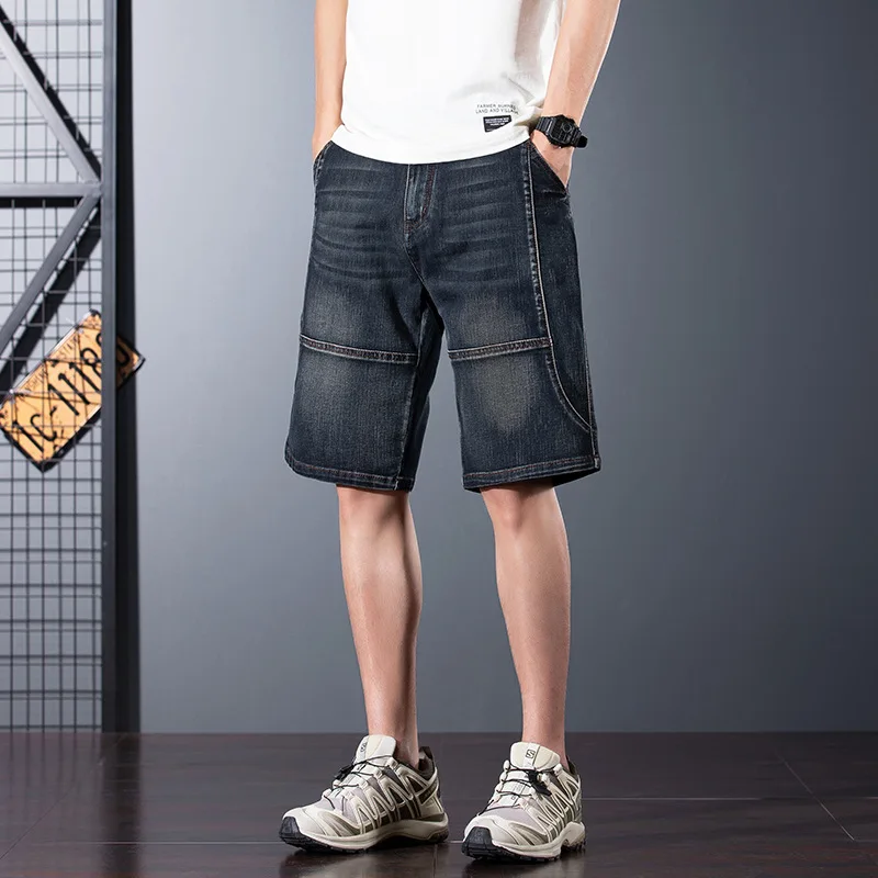 Summer Lightweight Stretch Patchwork Denim Shorts Men's Loose Plus Size 5-Pocket Mid-Length Casual